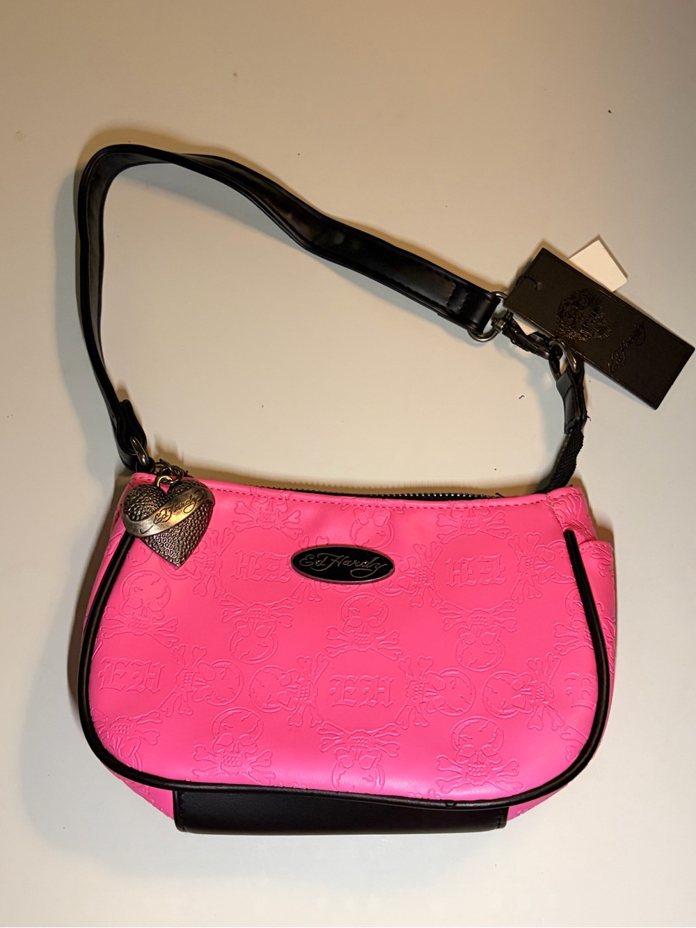 Ed Hardy Neon Pink Shoulder Bag with Black Trim and Heart Charm